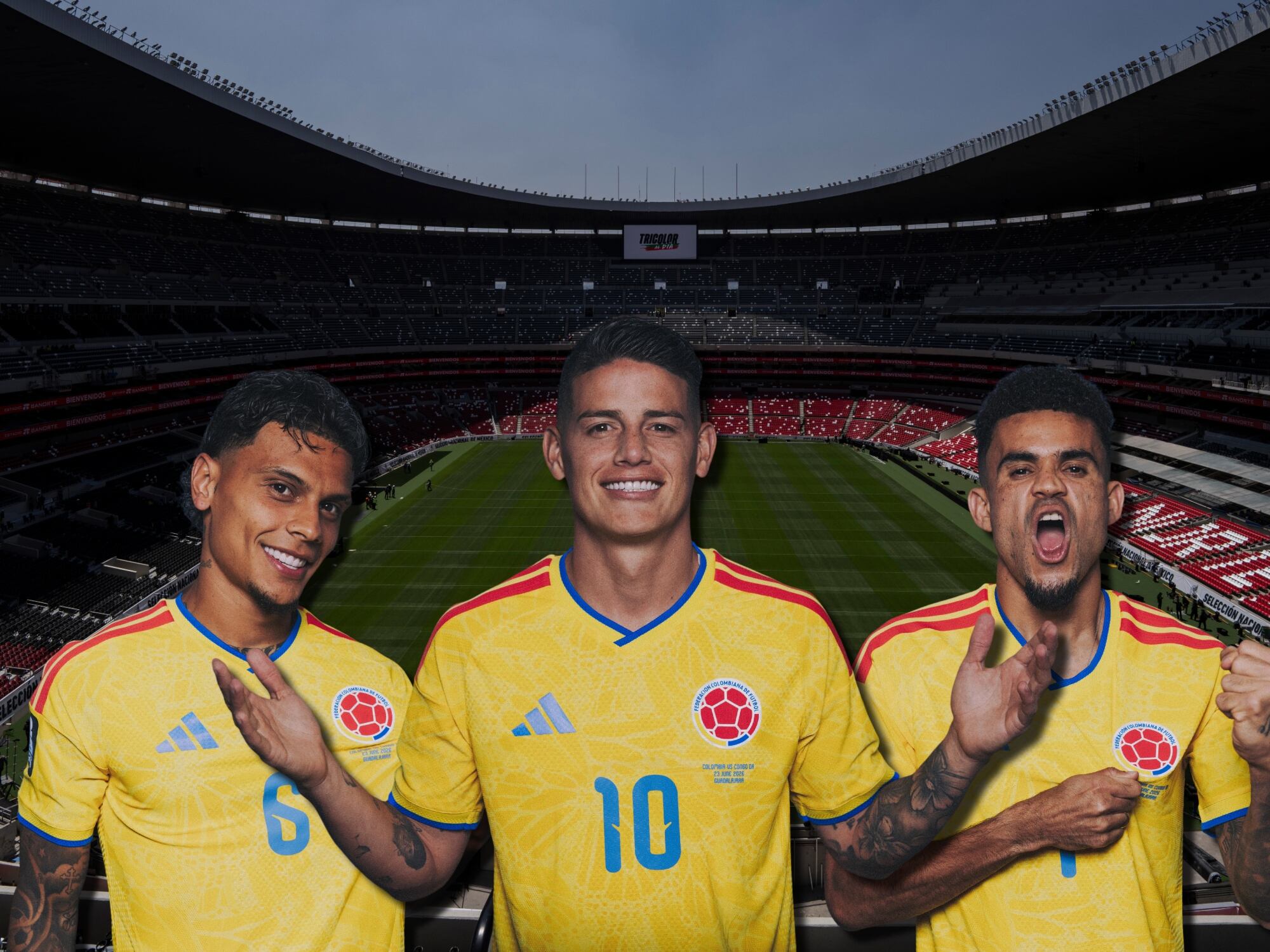 De fondo el estadio Azteca, en donde Colombia debutará en el Mundial 2026. Al frente, de izquierda a derecha, Richard Rios, James Rodríguez y Luis Díaz. Fotos: Getty Images.