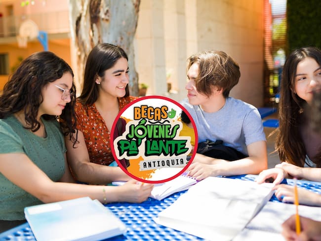 Jóvenes estudiando al aire libre (Cortesía: Getty Images) / En el centro: Logo del programa Becas Jóvenes Pa'Lante (Crédito: Gobernación de Antioquia / Corporación Gilberto Echeverri)