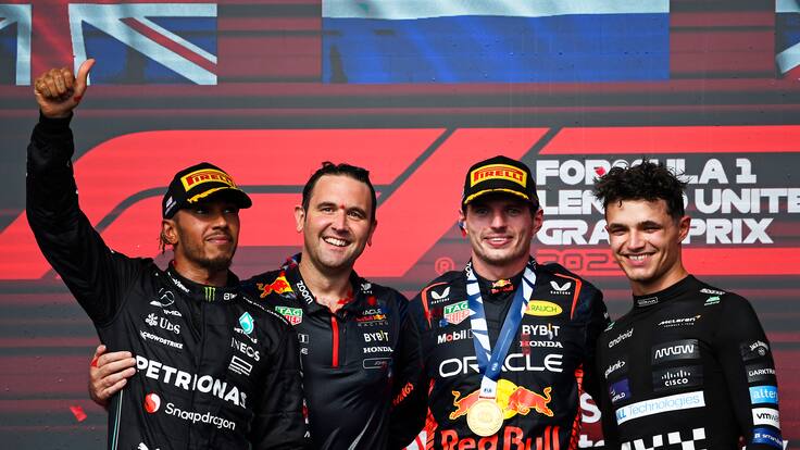 Max Verstappen, Lewis Hamilton y Lando Norris en el podio del Gran Premio de Estados Unidos