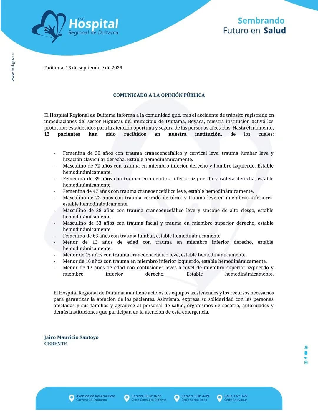 Comunicado de prensa del Hospital Regional de Duitama