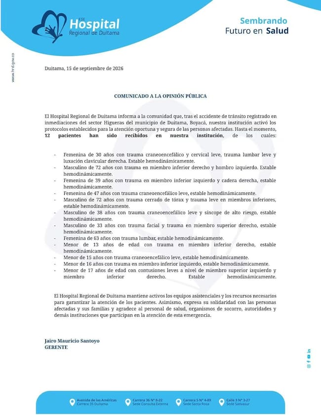 Comunicado de prensa del Hospital Regional de Duitama