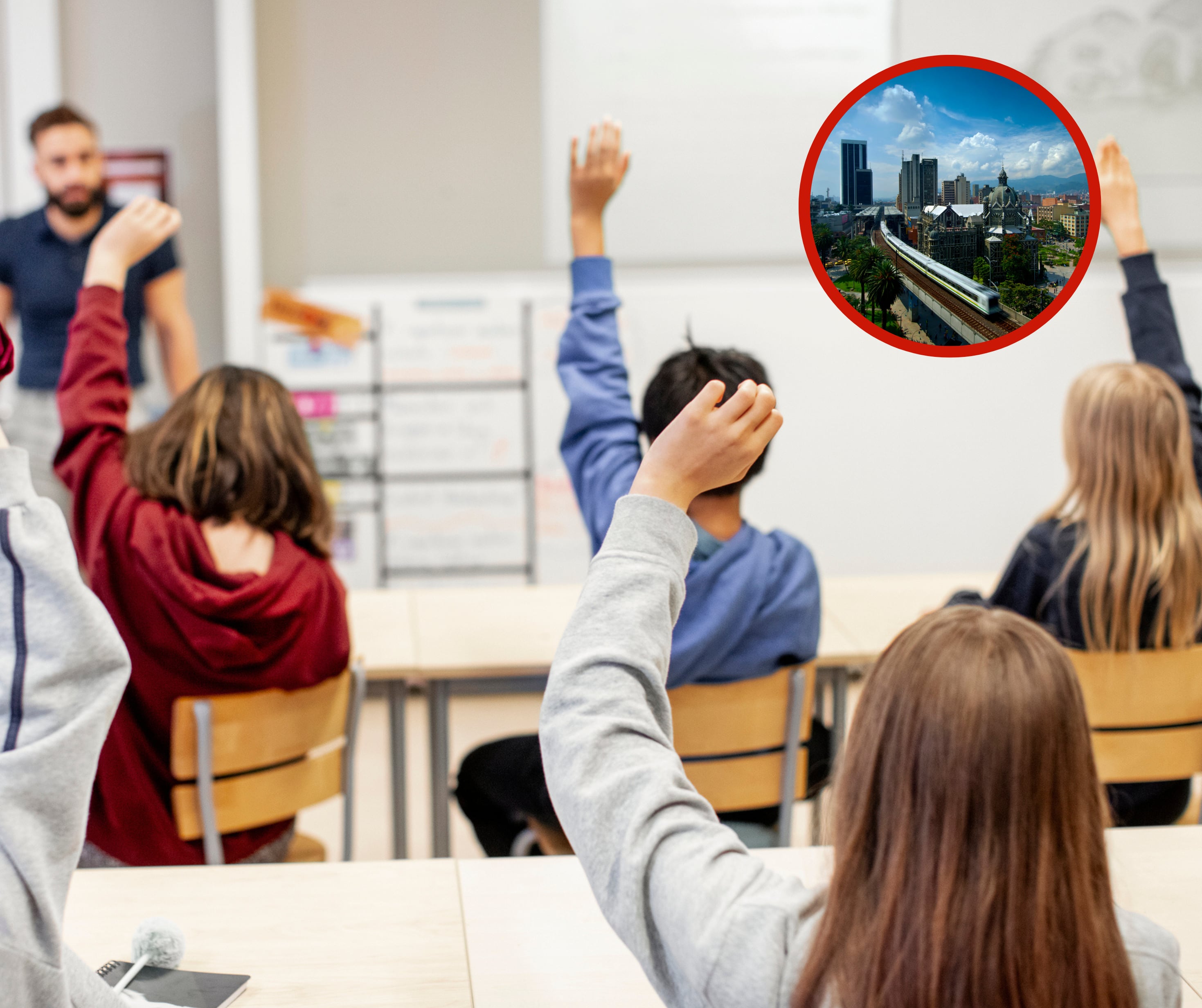 Estudiantes levantando la mano junto a una imagen de Medellín (Fotos vía Getty Images)