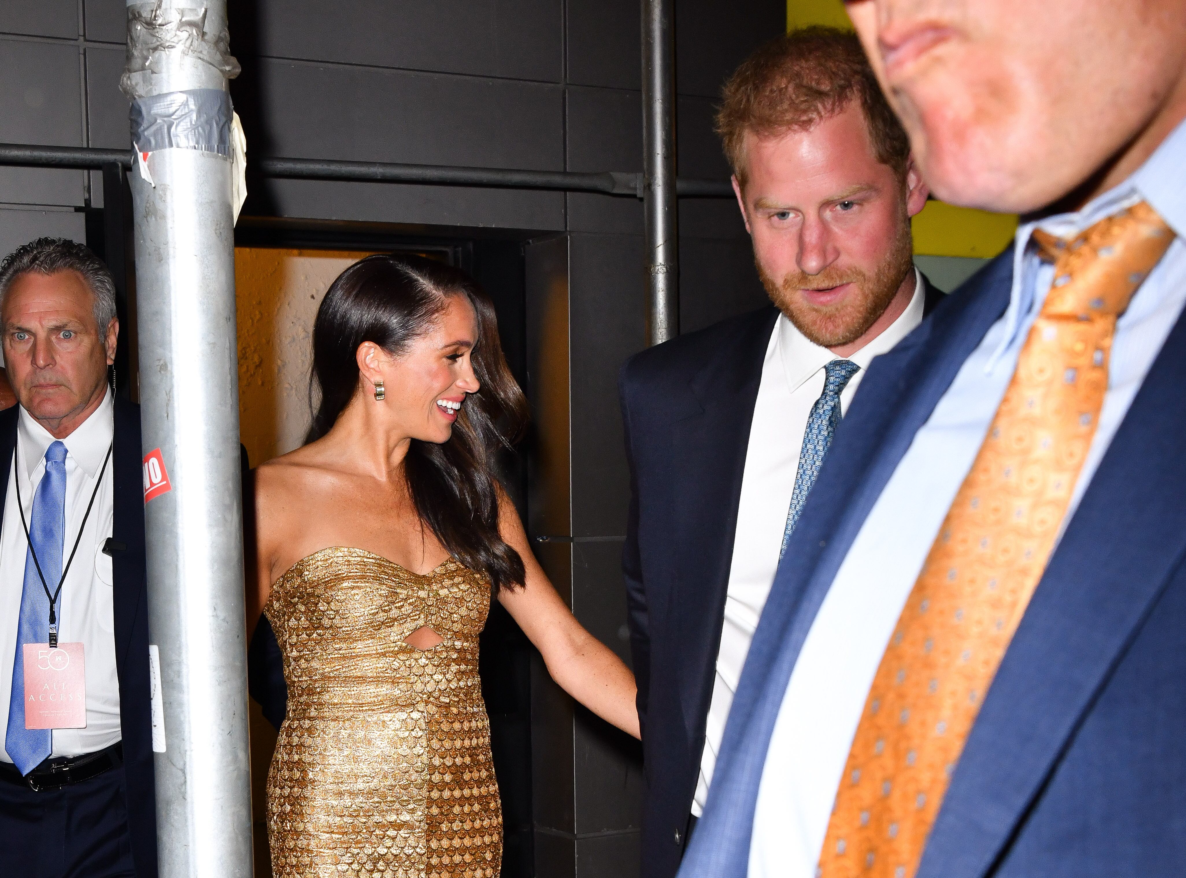 NEW YORK, NEW YORK - MAY 16:  Meghan Markle, Duchess of Sussex, and Prince Harry, Duke of Sussex leave The Ziegfeld Theatre on May 16, 2023 in New York City. (Photo by James Devaney/GC Images)