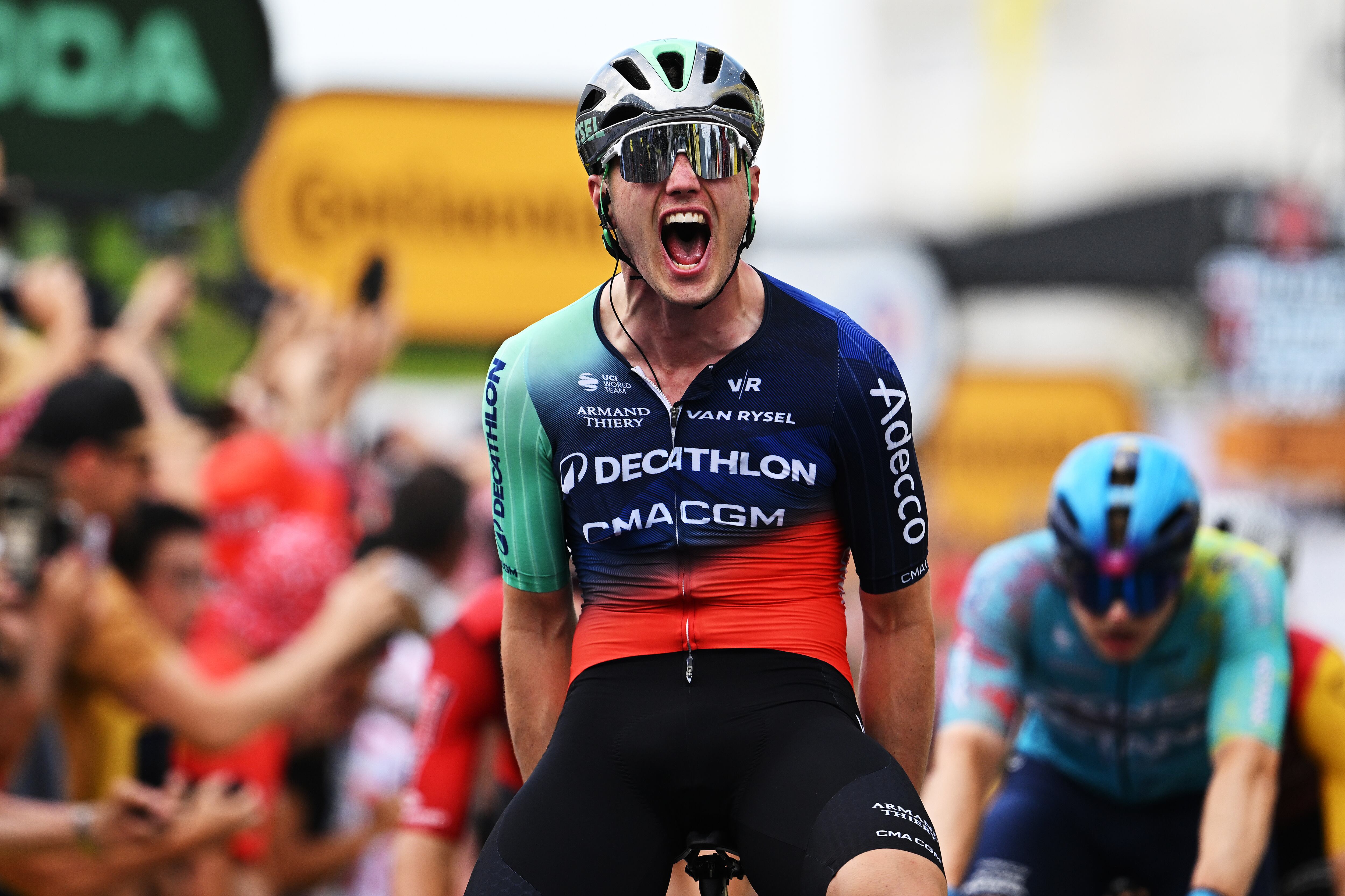 PAU, FRANCE - JULY 08: Olav Kooij of Netherlands and Decathlon CMA CGM Team celebrates at finish line as stage winner during the 113th Tour de France 2026, Stage 5 a 158.3km stage from Lannemezan to Pau / #UCIWT / on July 08, 2026 in Pau, France. (Photo by Dario Belingheri/Getty Images)