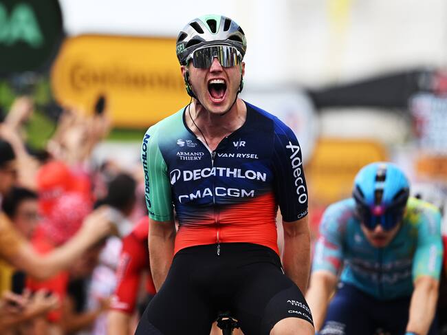 PAU, FRANCE - JULY 08: Olav Kooij of Netherlands and Decathlon CMA CGM Team celebrates at finish line as stage winner during the 113th Tour de France 2026, Stage 5 a 158.3km stage from Lannemezan to Pau / #UCIWT / on July 08, 2026 in Pau, France. (Photo by Dario Belingheri/Getty Images)