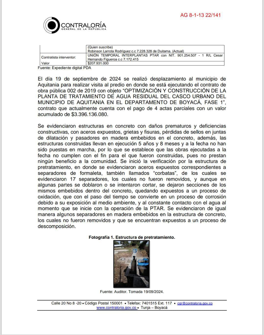 Denuncian deterioro e irregularidades en la PTAR de Aquitania: posible detrimento de $3.500 millones