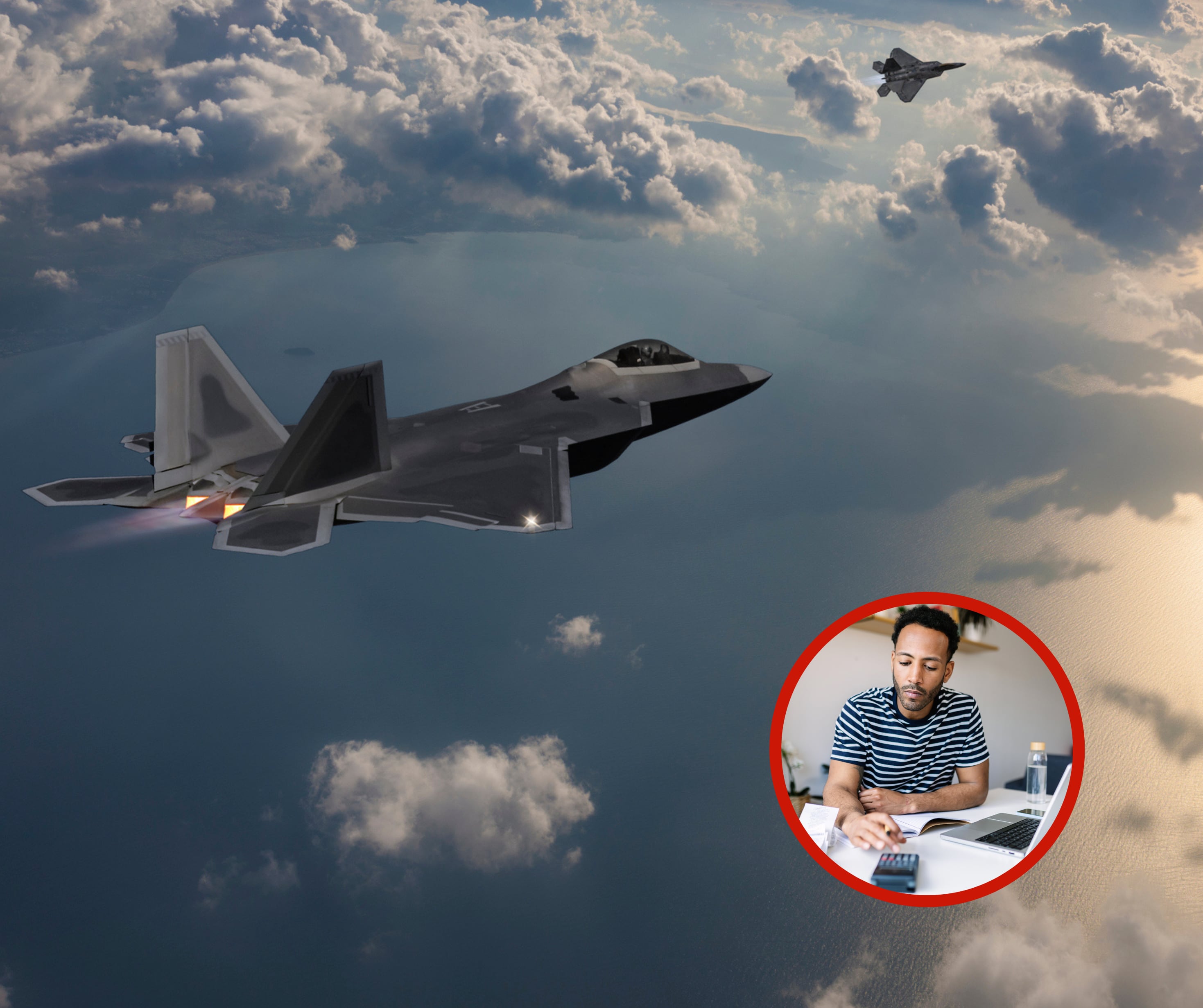 Dos cazas Stealth jet en vuelo al atardecer junto a una persona haciendo cuentas (Fotos vía Getty Images)