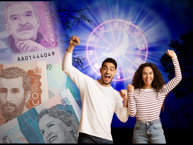 Imagen de referencia // horóscopo // billetes colombianos // hombre y mujer celebrando