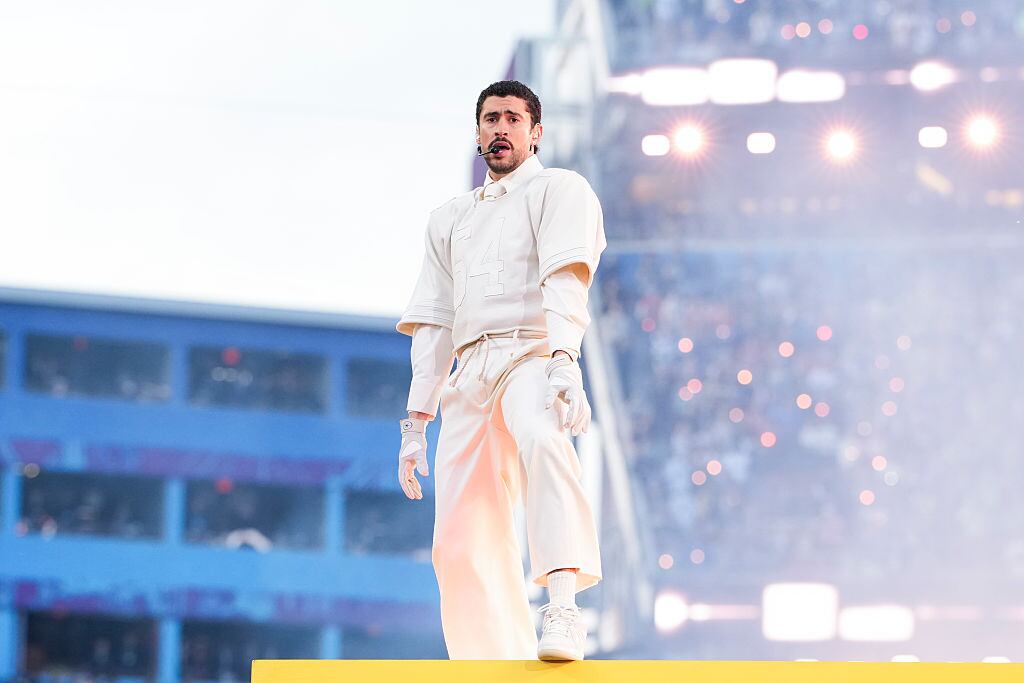 SANTA CLARA, CALIFORNIA - FEBRUARY 08: Musician Bad Bunny performs during the Apple Music halftime show at the NFL Super Bowl LX football game between the Seattle Seahawks and New England Patriots at Levi Stadium on February 8, 2026 in Santa Clara, California. (Photo by Todd Rosenberg/Getty Images)