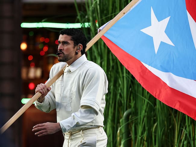 SANTA CLARA, CALIFORNIA - FEBRUARY 8: Bad Bunny performs in the Apple Music Halftime Show during the NFL Super Bowl 60 football game between the Seattle Seahawks and the New England Patriots, at Levi's Stadium on February 8, 2026 in Santa Clara, California. (Photo by Kevin Sabitus/Getty Images)