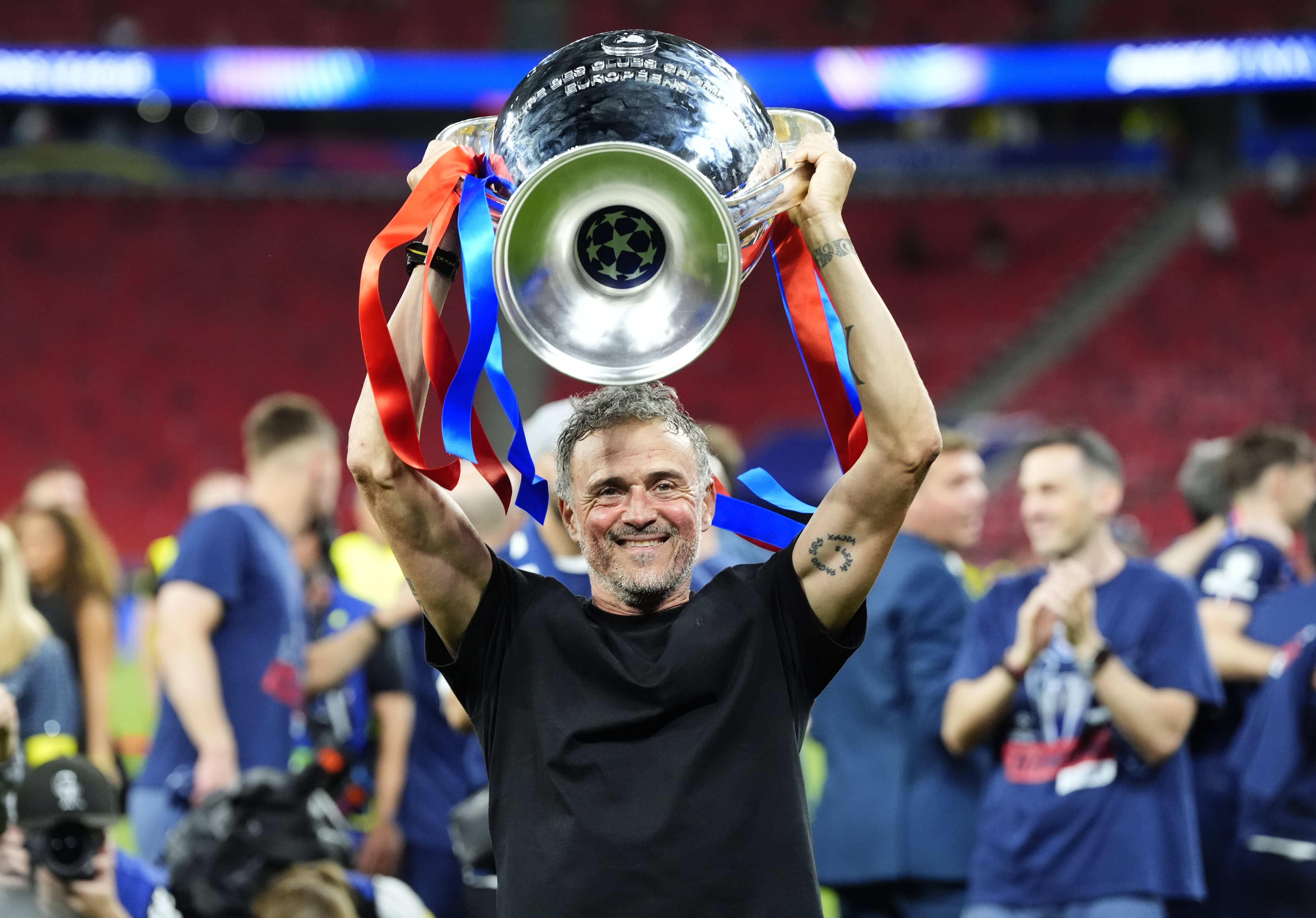 Paris Saint-Germain manager Luis Enrique celebrates with the trophy following victory over Arsenal after the UEFA Champions League Final at the Puskas Arena, Budapest. Picture date: Saturday May 30, 2026. (Photo by Nick Potts/PA Images via Getty Images)