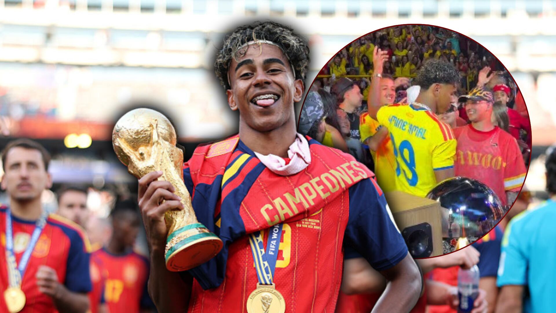 Lamine Yamal, campeón del Mundial 2026 con la selección española, sorprendió este jueves en Medellín al aparecer con la camiseta de la Selección Colombia y cantar junto al artista urbano Ryan Castro. Foto: Getty Images/Instagram @Lamineyamal/Canva
