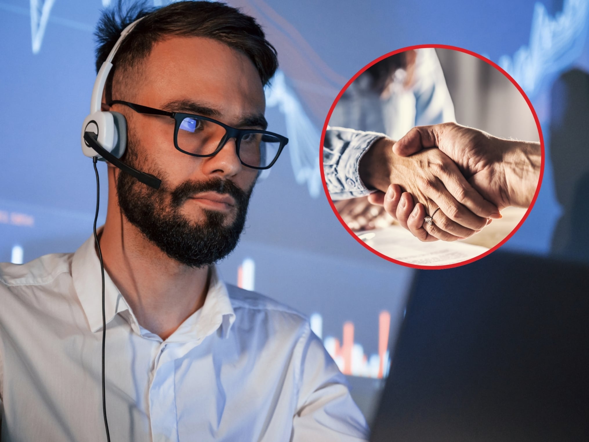 De fondo: Analista de datos. A la derecha se encuentra una imagen de dos personas estrechando manos, simbolizando una cuerdo logrado (Crédito: Getty Images)