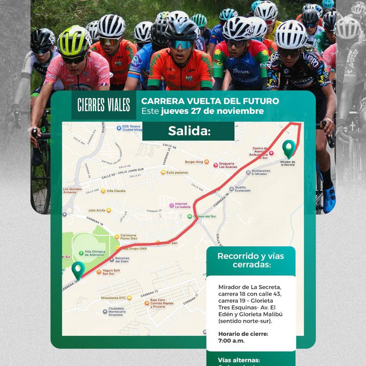 Ojo a los cierres viales en Armenia y varios municipios del Quindío por una competencia ciclística