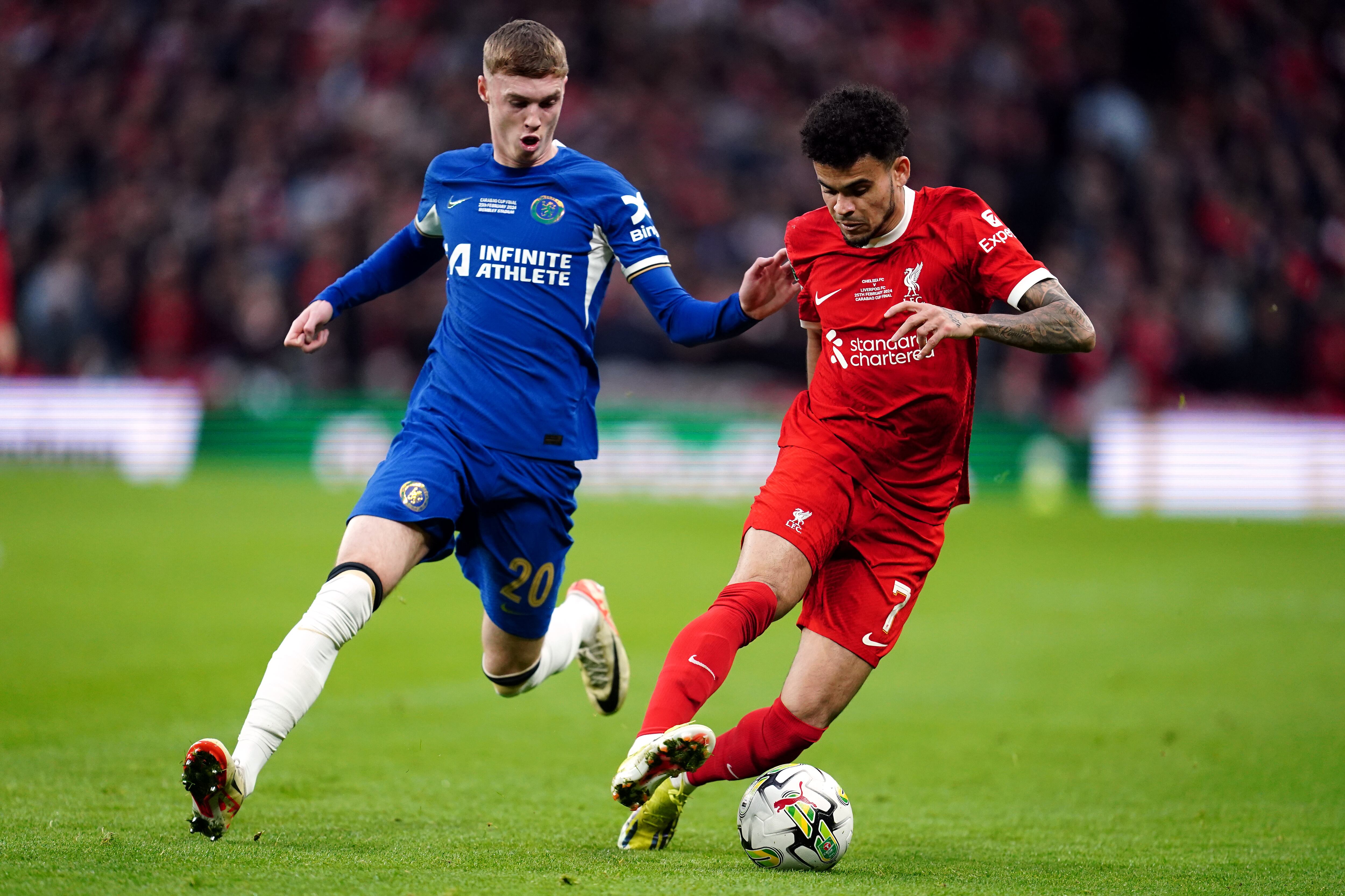 Chelsea's Cole Palmer and Liverpool's Luis Diaz (right) during the Carabao Cup final at Wembley Stadium, London. Picture date: Sunday February 25, 2024. (Photo by Nick Potts/PA Images via Getty Images)