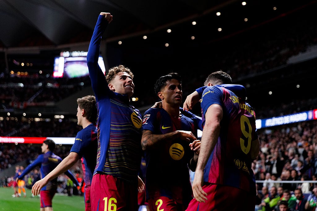 Barcelona players celebrate a goal during the La Liga 2025/26 match between Atletico de Madrid and F.C. Barcelona at Riyadh Air Metropolitano Stadium in Madrid, Spain, on April 4, 2026.  (Photo by Guillermo Martinez/NurPhoto via Getty Images)