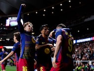 Barcelona players celebrate a goal during the La Liga 2025/26 match between Atletico de Madrid and F.C. Barcelona at Riyadh Air Metropolitano Stadium in Madrid, Spain, on April 4, 2026. (Photo by Guillermo Martinez/NurPhoto via Getty Images)