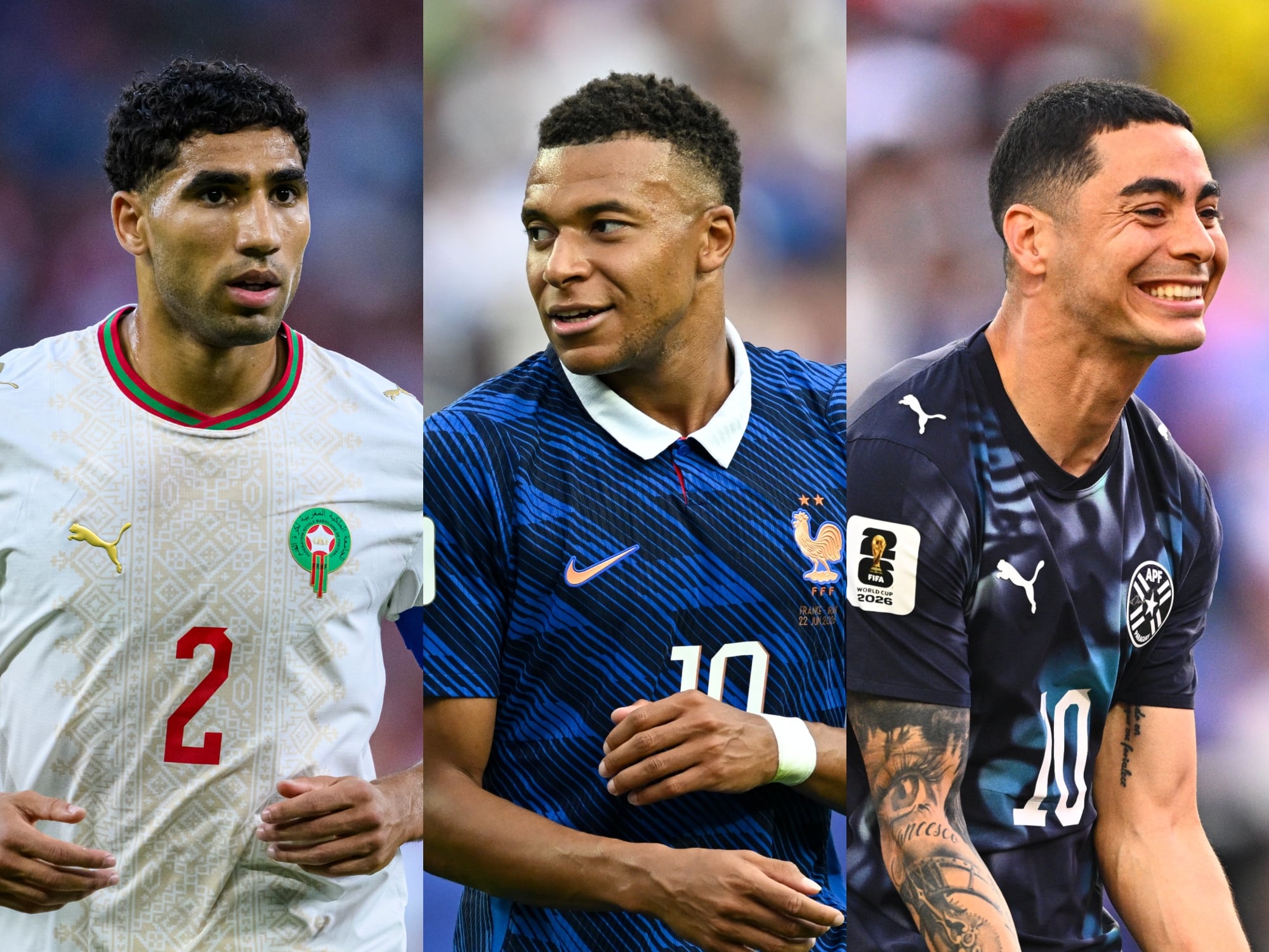 Hakimi, Mbappé y Miguel Almirón. Fotos: Getty Images.