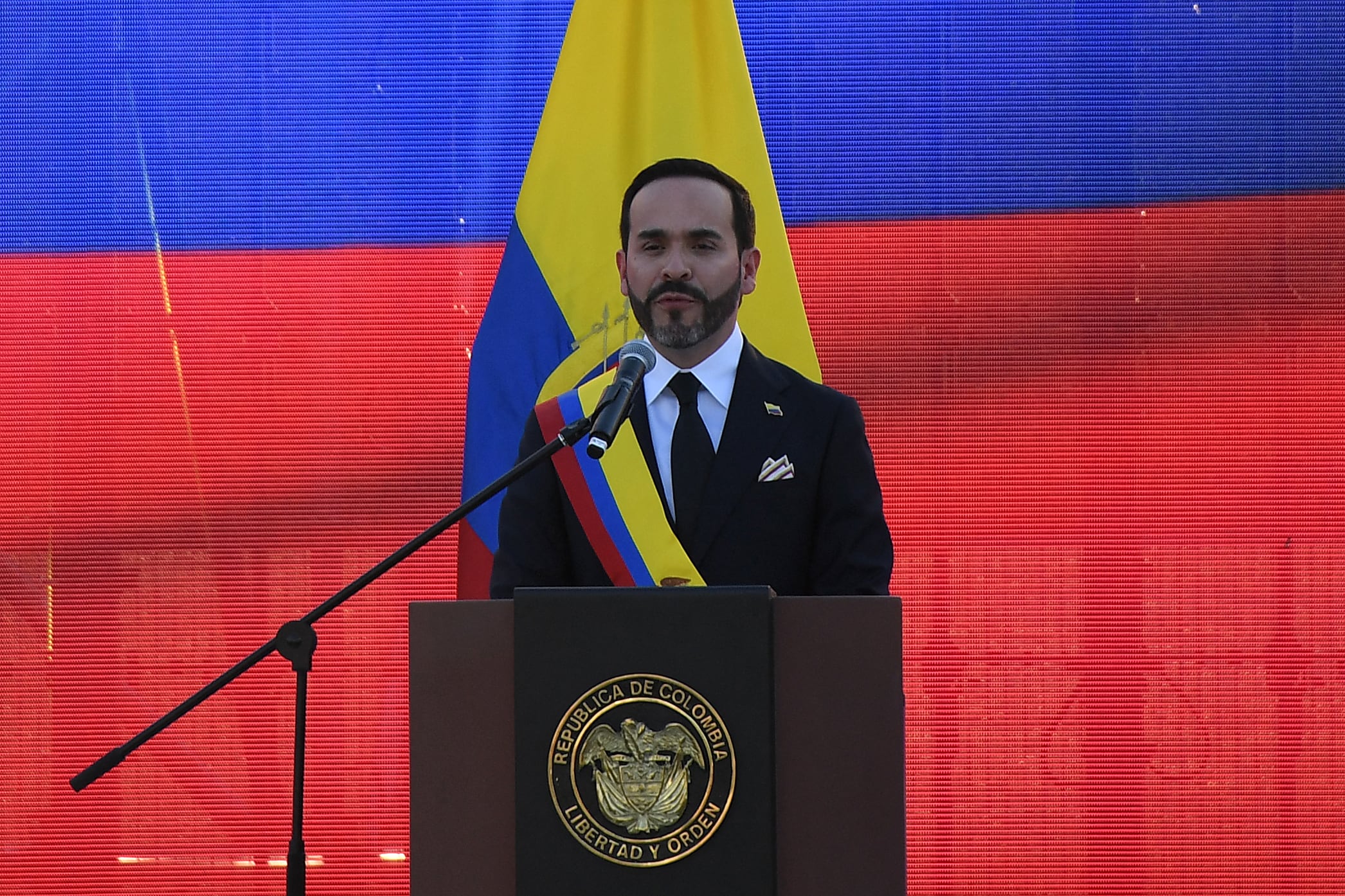Colombia's new President Abelardo de la Espriella delivers a speech at the Pichincha Battalion after swearing in, in Cali, Colombia, on August 7, 2026. (Photo by Jaime SALDARRIAGA / AFP)