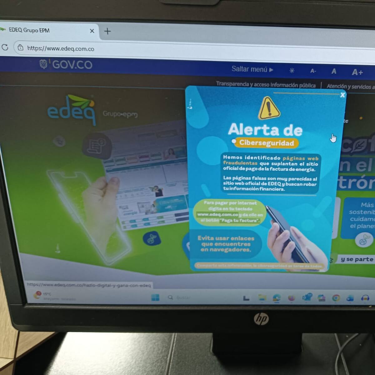 Ojo con las estafas, EDEQ, Quindío alerta, están suplantando la página web para pago de la factura