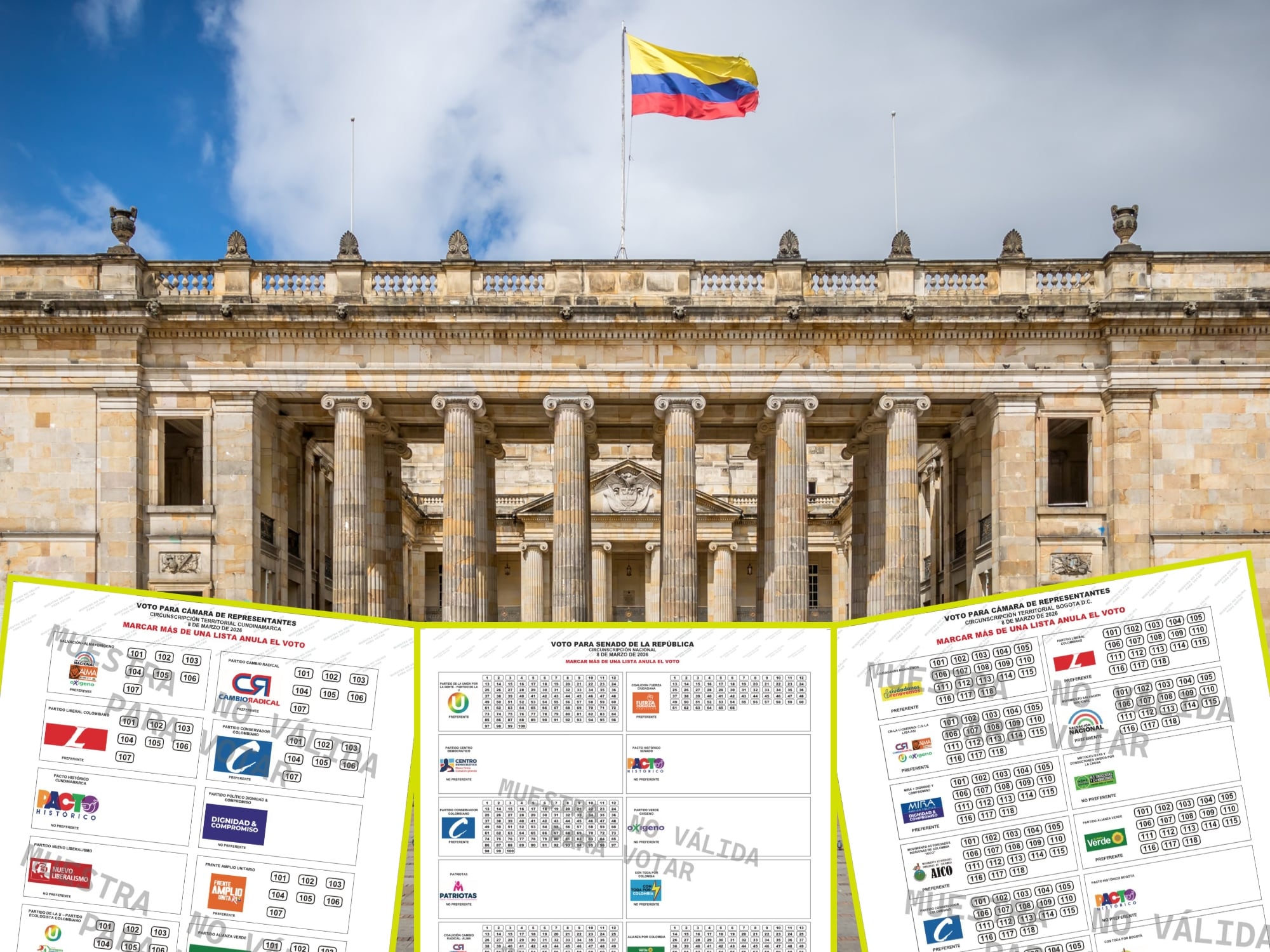 Congreso Colombia y tarjetones para las elecciones a Congreso de 2026. Fotos: Getty Images / Registraduría Nacional