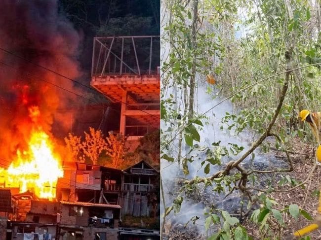 Incendio de tres casas en Arauca (izquierda) y bomberos controlando el fuego en Anserma (derecha). Fotos: El informador de occidente.