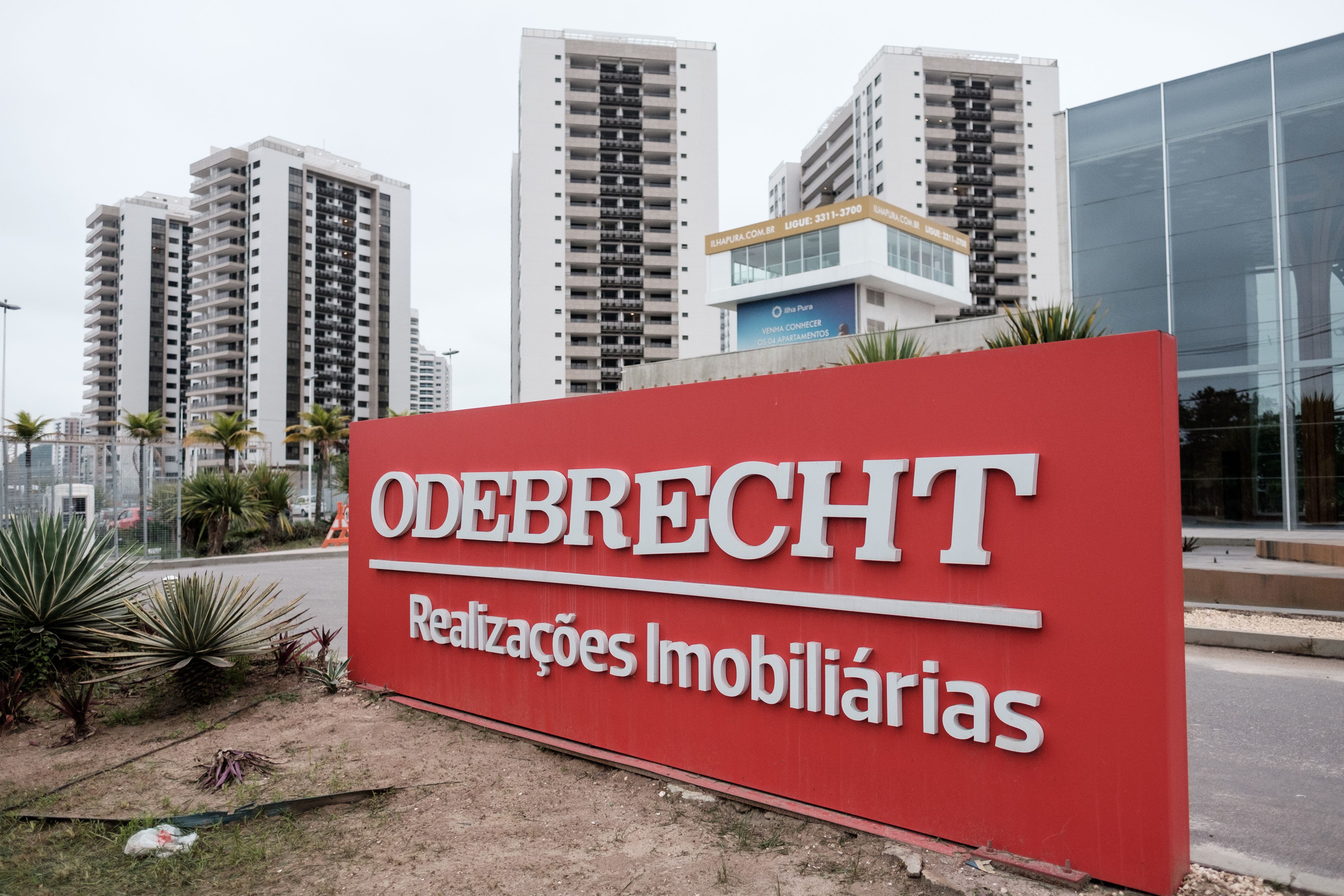 A logo of Brazilian construction company Odebrecht is seen at the Olympic and Paralympic Village in Rio de Janeiro, Brazil, on June 23, 2016. / AFP / YASUYOSHI CHIBA (Photo credit should read YASUYOSHI CHIBA/AFP via Getty Images)
