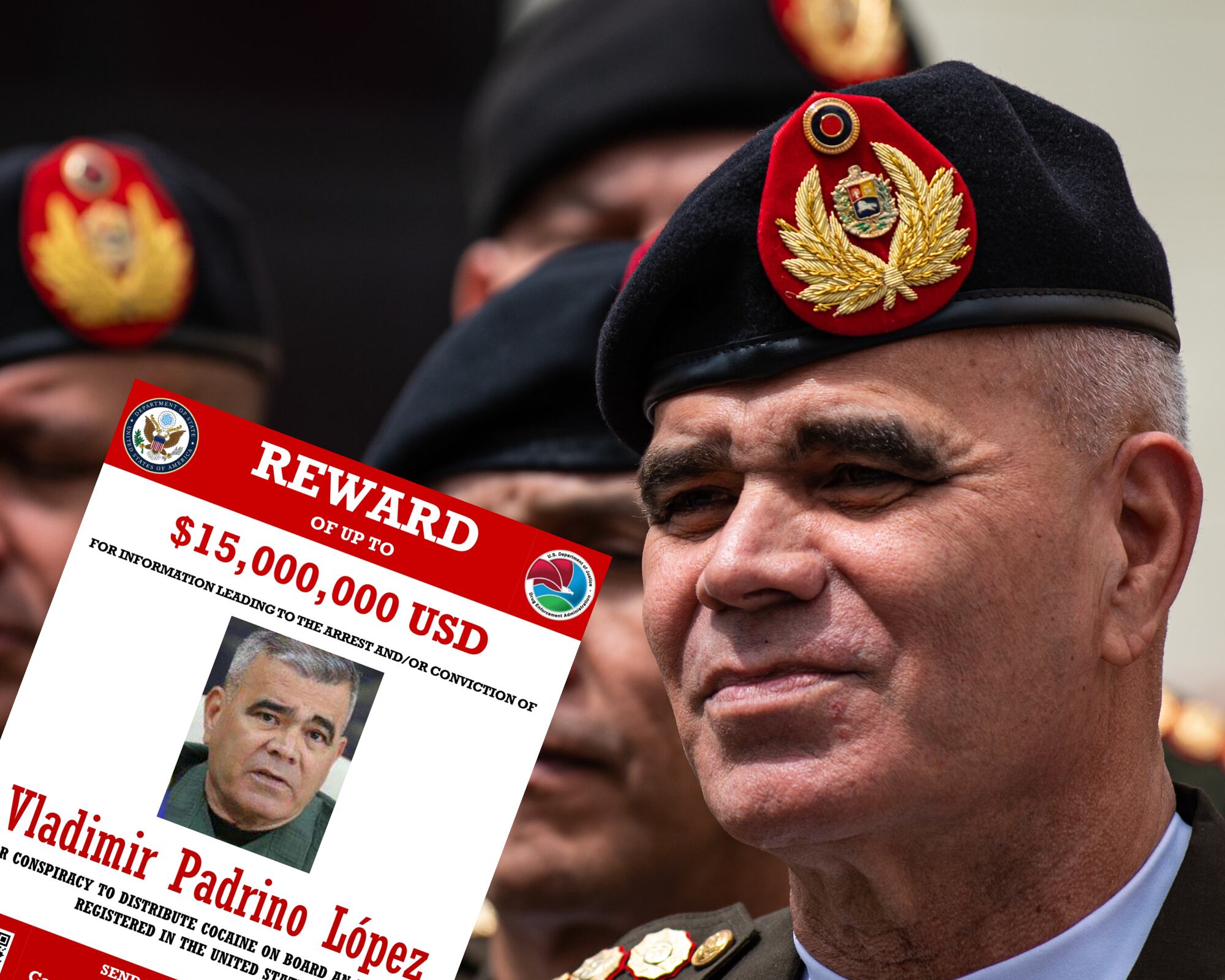 Vladimir Padrino, uno de los principales miembros de la estructura chavista que lideraba Nicolás Maduro, es buscado por la justicia estadounidense e identificado como miembro del Cartel de los Soles. 
(Foto:    Caracol Radio / DEA / Getty )