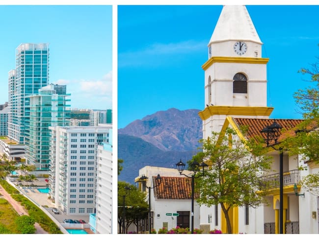 A la izquierda la playa y edificios en Miami Beach Florida, Estados Unidos. A la derecha, la Iglesia de la Concepción, Valledupar, Colombia / Foto: GettyImages