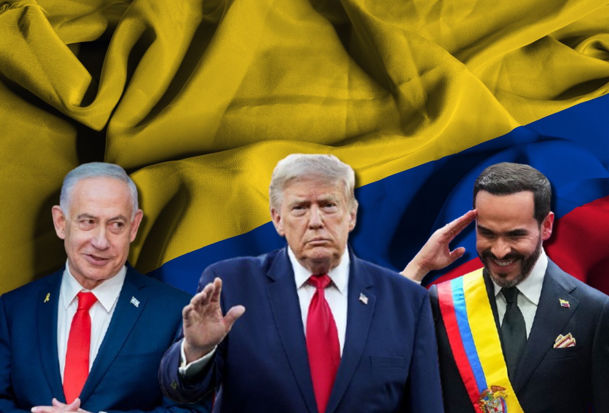 Bandera de Colombia, Benjamín Netanyahu, Donald Trump y Abelardo de la Espriella. Fotos: Getty Images / (Photo by Nathan Howard - Pool/Getty Images) / (Photo by Pablo Morano/BSR Agency/Getty Images) / (Photo by Andres Acero/Anadolu via Getty Images)
