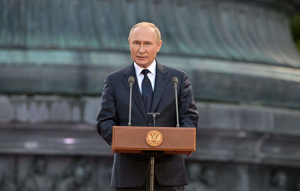 Russian President Vladimir Putin gives a speech during an event to mark the 1160th anniversary of Russia's statehood in Veliky Novgorod on September 21, 2022. (Photo by Ilya PITALEV / SPUTNIK / AFP) (Photo by ILYA PITALEV/SPUTNIK/AFP via Getty Images)