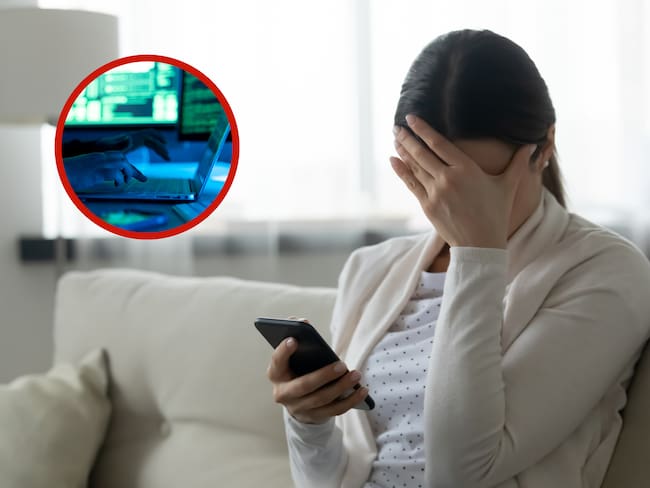 Mujer preocupada sosteniendo su celular junto a una persona que realiza actos ilegales en un computador (Fotos vía Getty Images)