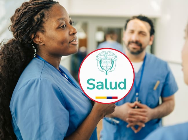 De fondo: Enfermeros charlando (Crédito: Getty Images). En el medio se encuentra el logo del Ministerio de Salud de colombia.
