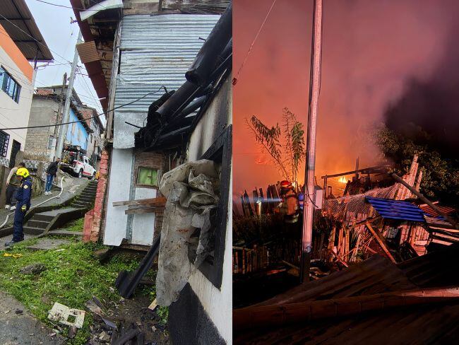 Incendio en dos casas en Manizales (foto izquierda) y en una casa de guadua en Chinchiná (foto derecha). Fotos suministradas.