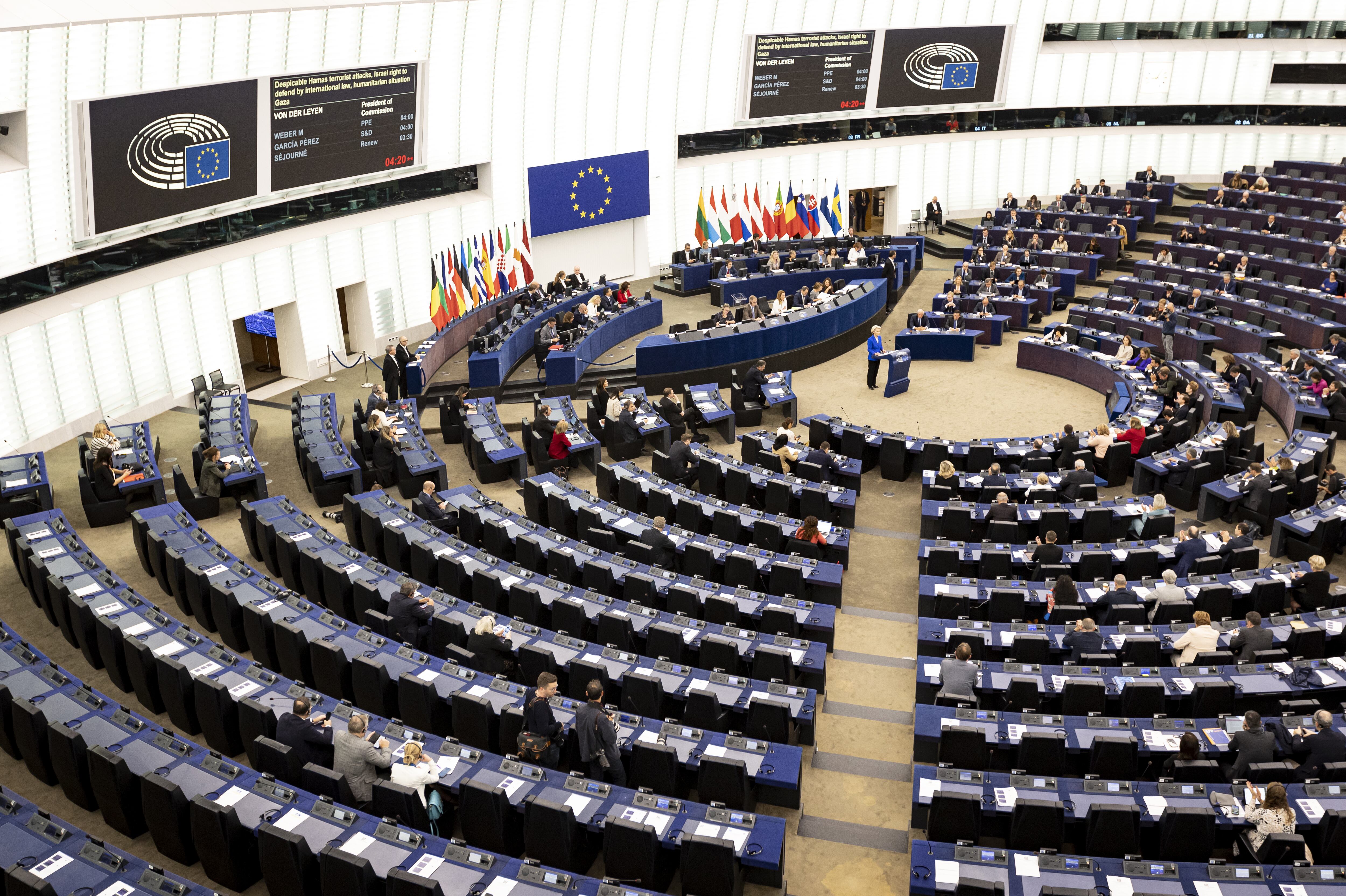 STRASBOURG, FRANCE - OCTOBER 18: An overview of the Strasbourg Plenary Session as The President of the European Commission Ursula von der Leyen speaks at the European Parliament in Strasbourg, France on October 18, 2023. (Photo by Sathiri Kelpa/Anadolu via Getty Images)