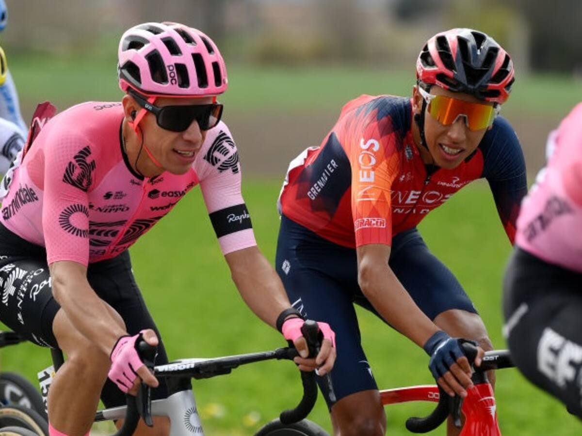 Harold Tejada, Egan Bernal y Rigoberto Urán cruzaron juntos la meta de la etapa 18