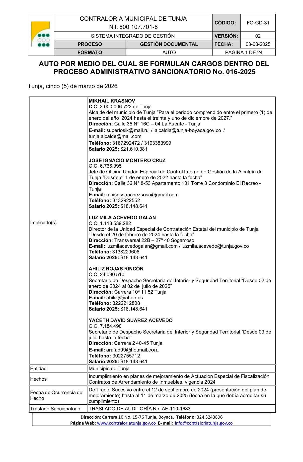 Notificación de la Contraloría General en Tunja al exalcalde Mikhail Krasnov.