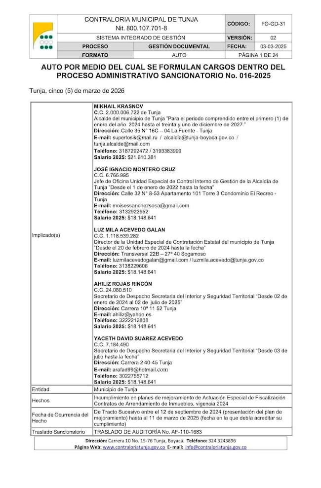 Notificación de la Contraloría General en Tunja al exalcalde Mikhail Krasnov.