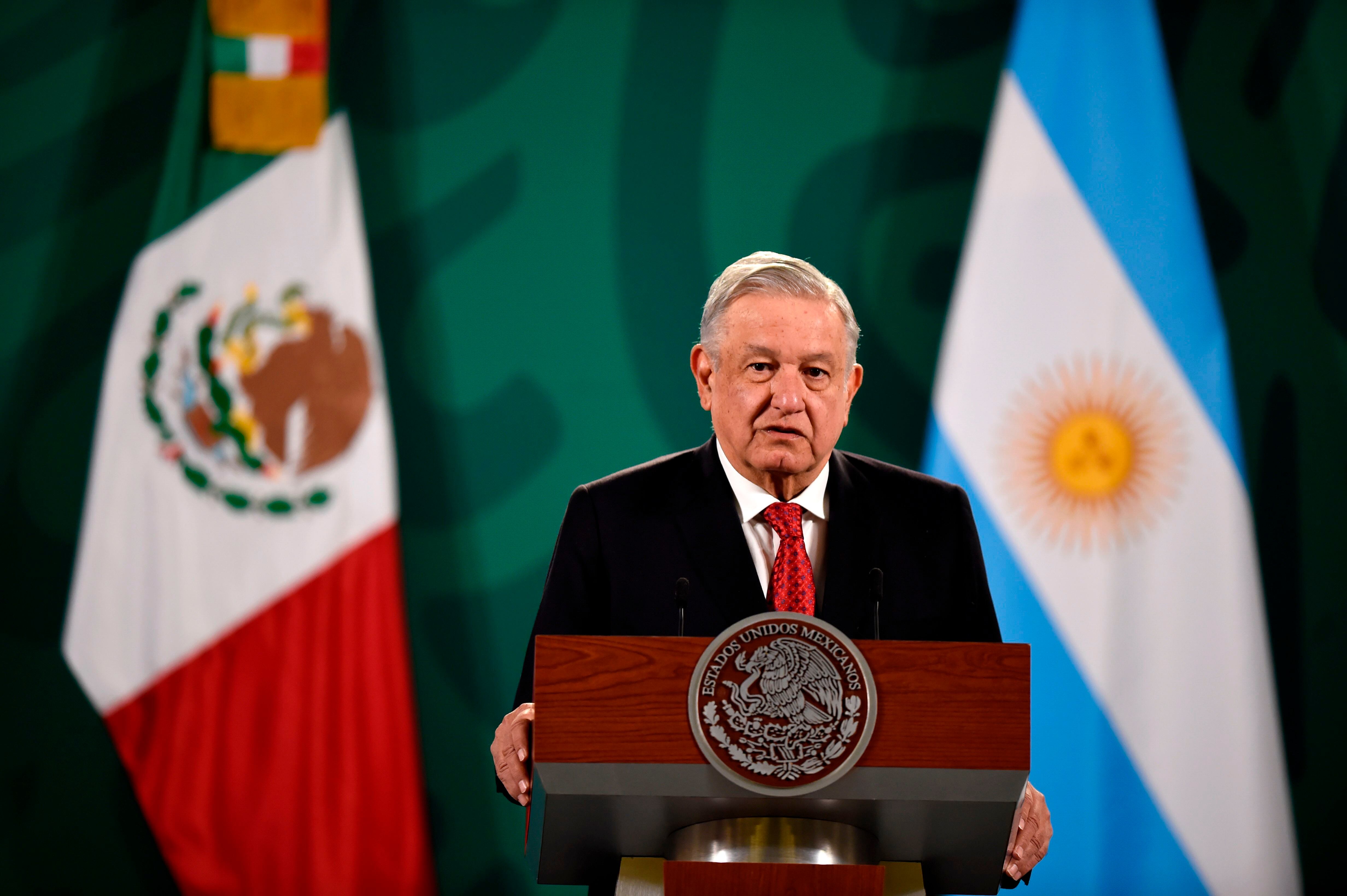 Mexican President Andres Manuel Lopez Obrador delivers a press conference with the presence of Argentinian counterpart Alberto Fernandez (out of frame) in Mexico City on February 23, 2021. (Photo by ALFREDO ESTRELLA / AFP) (Photo by ALFREDO ESTRELLA/AFP via Getty Images)
