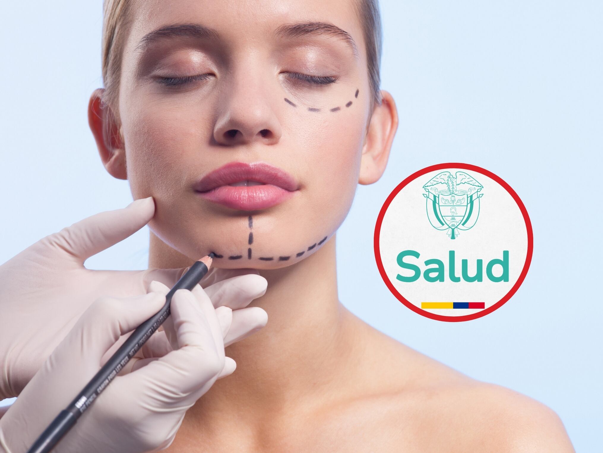 De fondo: Imagen de referencia de una cirugía estética (Crédito: Getty Images). En el medio a la derecha se encuentra el logo del Ministerio de Salud y Protección Social de Colombia