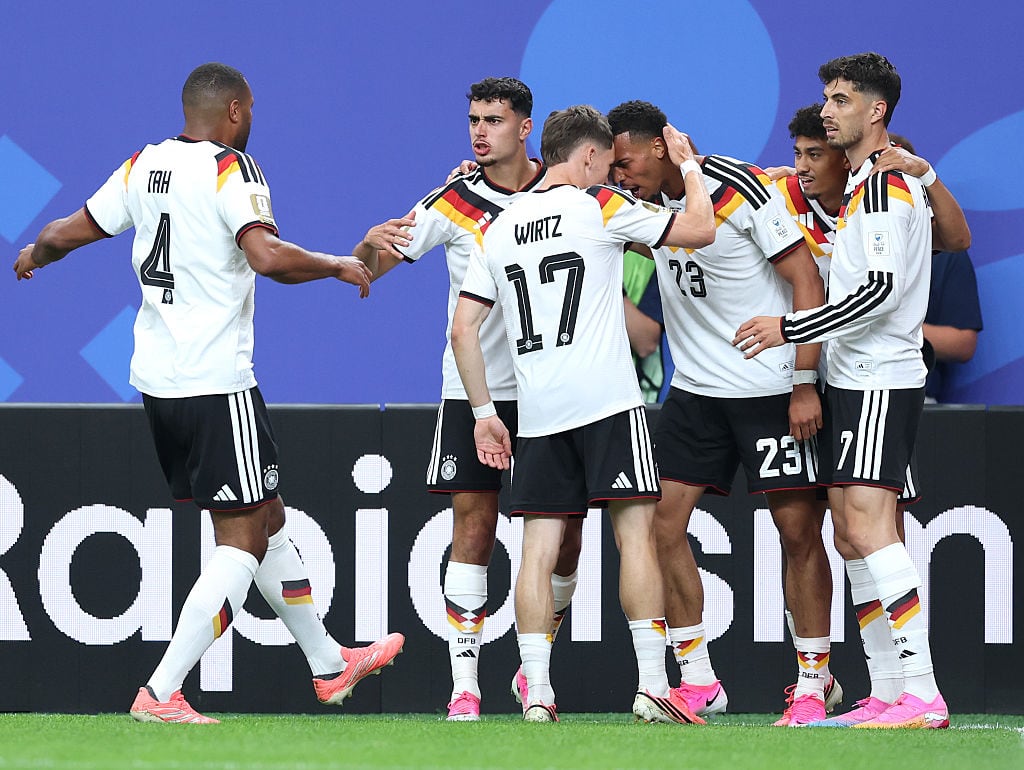 HOUSTON, TEXAS - JUNE 14: Felix Nmecha #23 of Germany celebrates with teammates after scoring the team's first goal during the FIFA World Cup 2026 Group E match between Germany and Curacao at Houston Stadium on June 14, 2026 in Houston, Texas. (Photo by Steph Chambers - FIFA/FIFA via Getty Images)