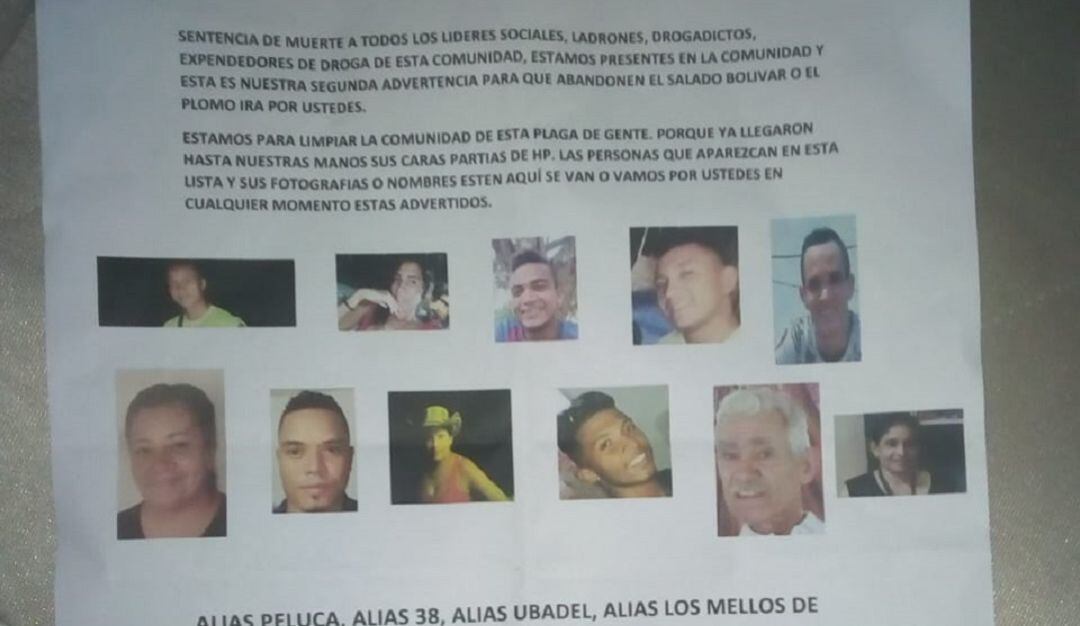 Panfleto amenazante entregado en El Salado