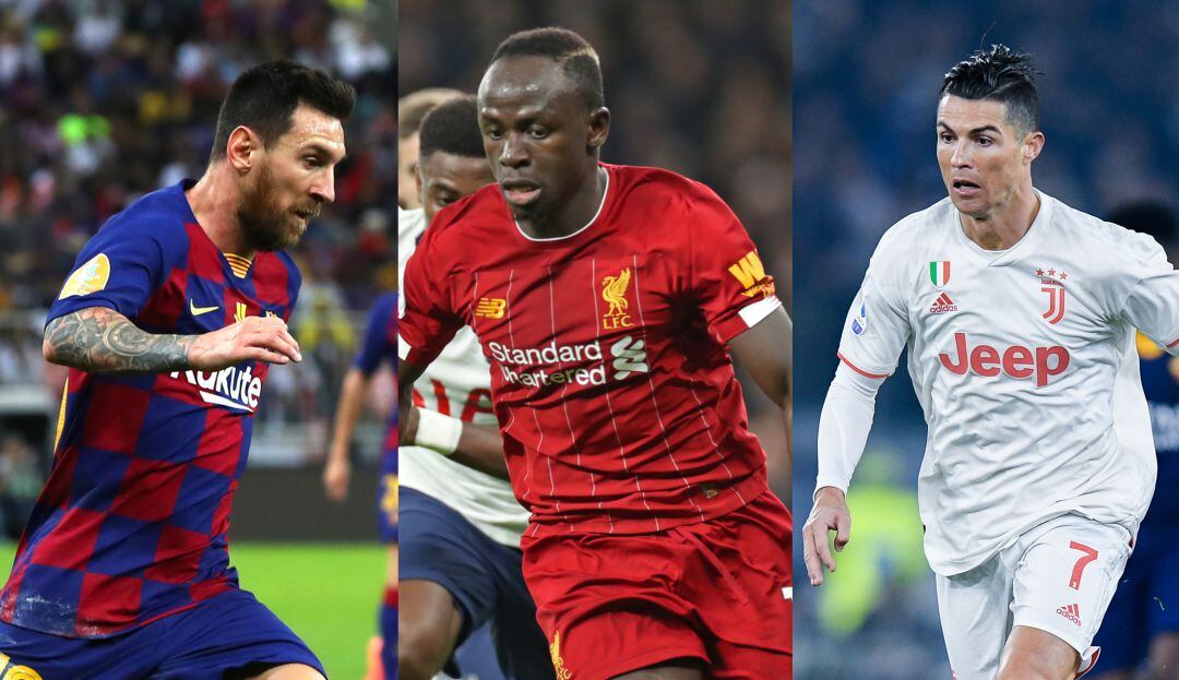Messi (izq.), Mané (cen.) y Ronaldo (der.).