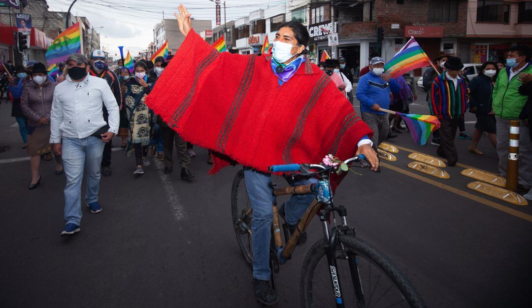 El candidato presidencial Yaku Pérez durante la marcha hacia Quito.