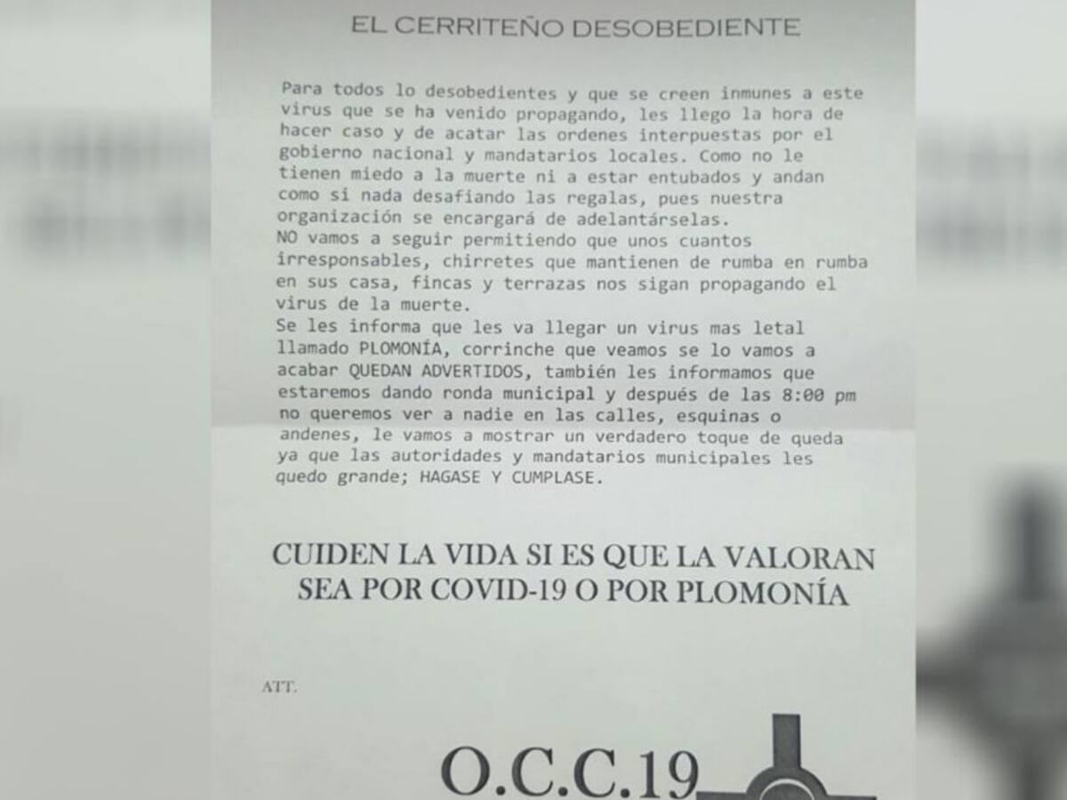 Amenazas de muerte a quienes incumplan el aislamiento en El Cerrito