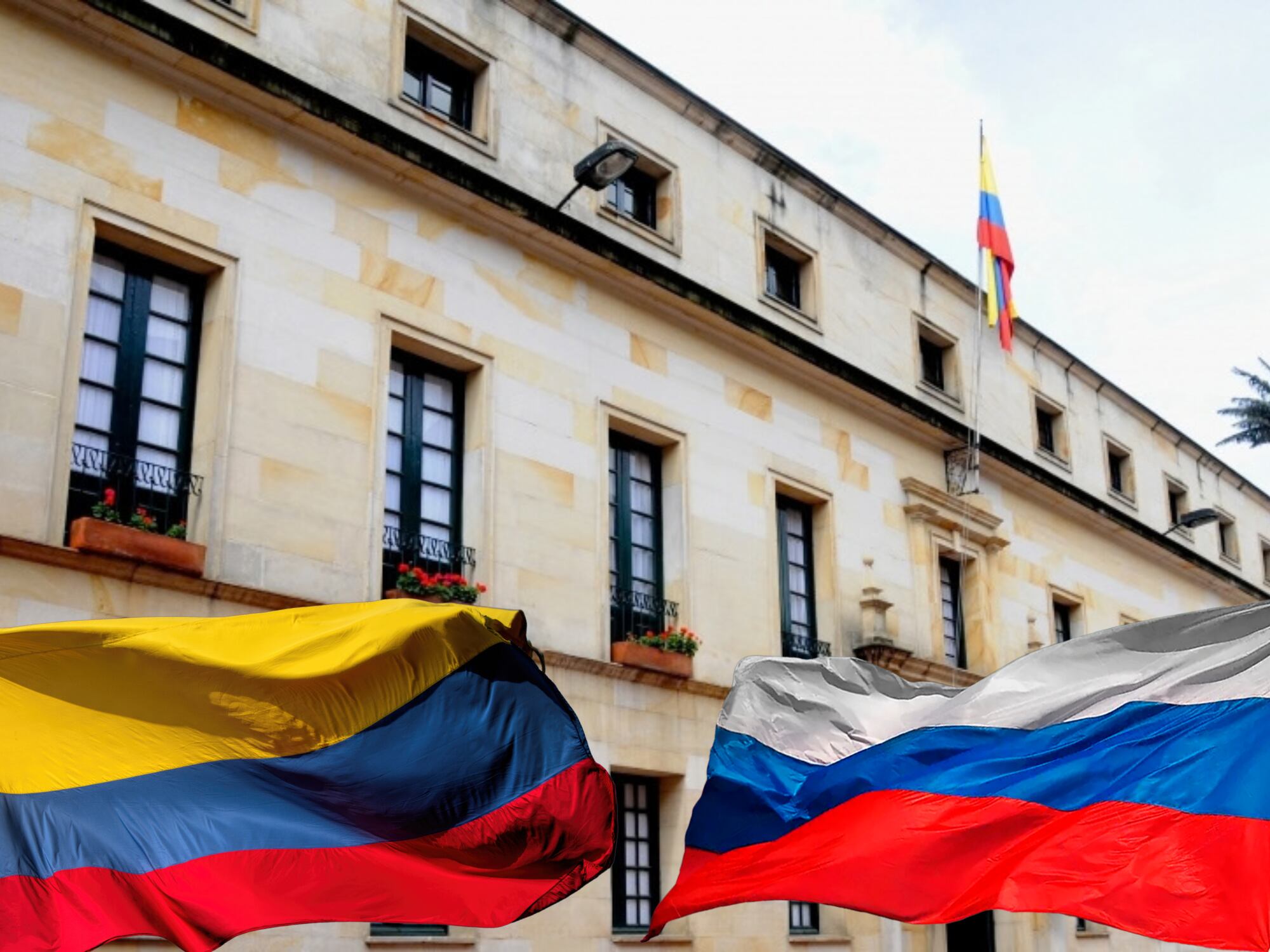 Sede Cancillería y banderas de Colomba y Rusia. Fotos: Cancillería / Getty Images