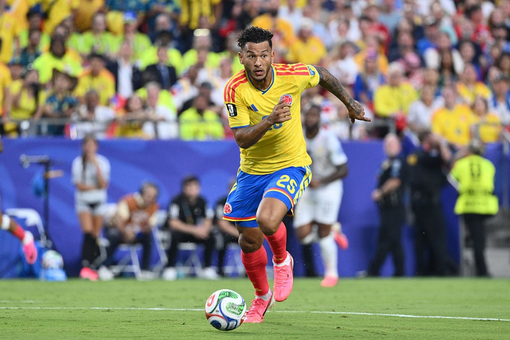 KANSAS CITY, MISSOURI - JULY 03: Luis Suarez #25 of Colombia running with the ball during the first half of a FIFA World Cup 2026 Round Of 32 match between Colombia and Ghana at Kansas City Stadium on July 3, 2026 in Kansas City, Missouri. (Photo by Bill Barrett/ISI Photos/ISI Photos via Getty Images)