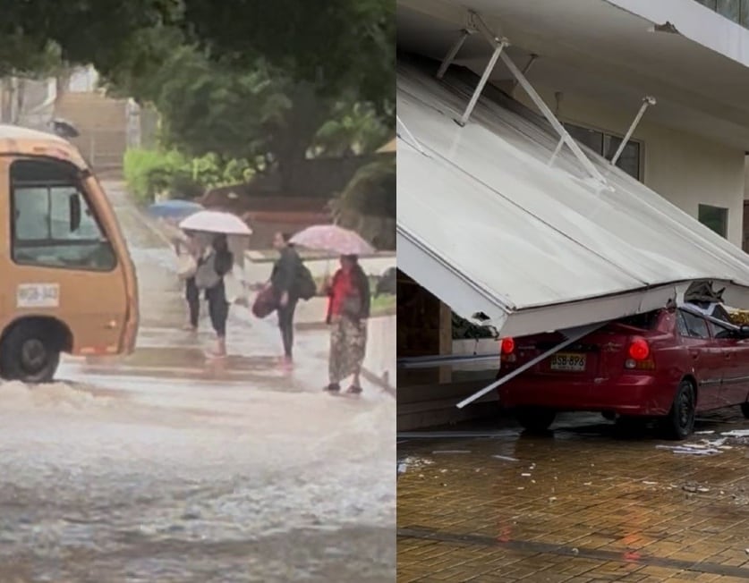 El bus atascado y la estructura sobre el carro. Fotos: Caracol Radio.