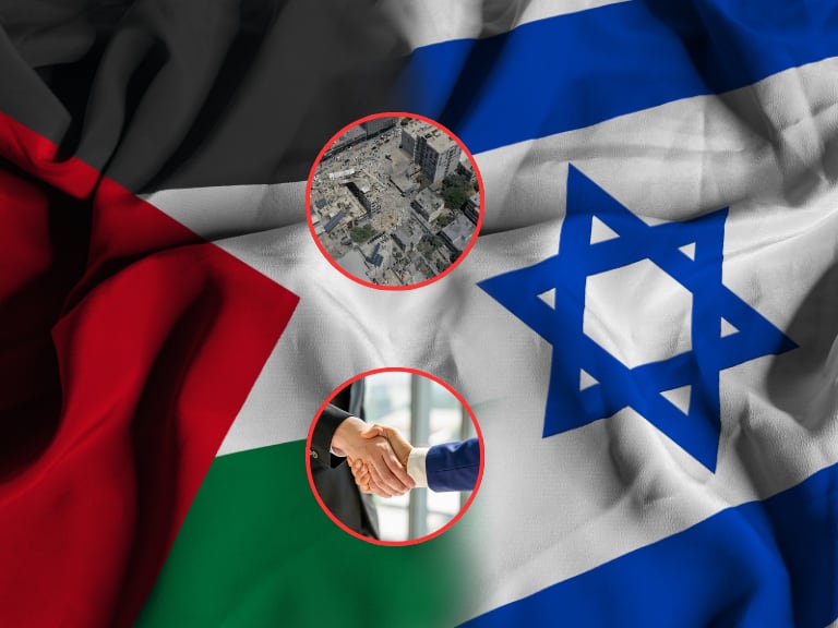Banderas Palestina e Israel, manos haciendo un acuerdo y parte de la destrucción en Gaza (Fotos vía Getty Images)