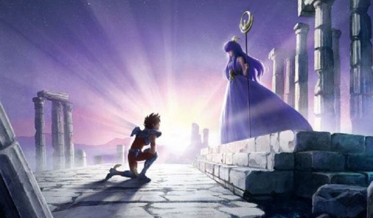Saint Seiya de rodillas ante la diosa Athena.